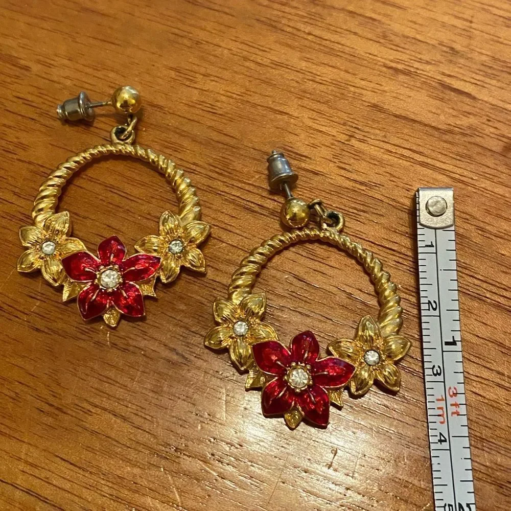 Vintage Red & Gold Flower Earrings Floral Retro Statement Jewelry Holiday Style